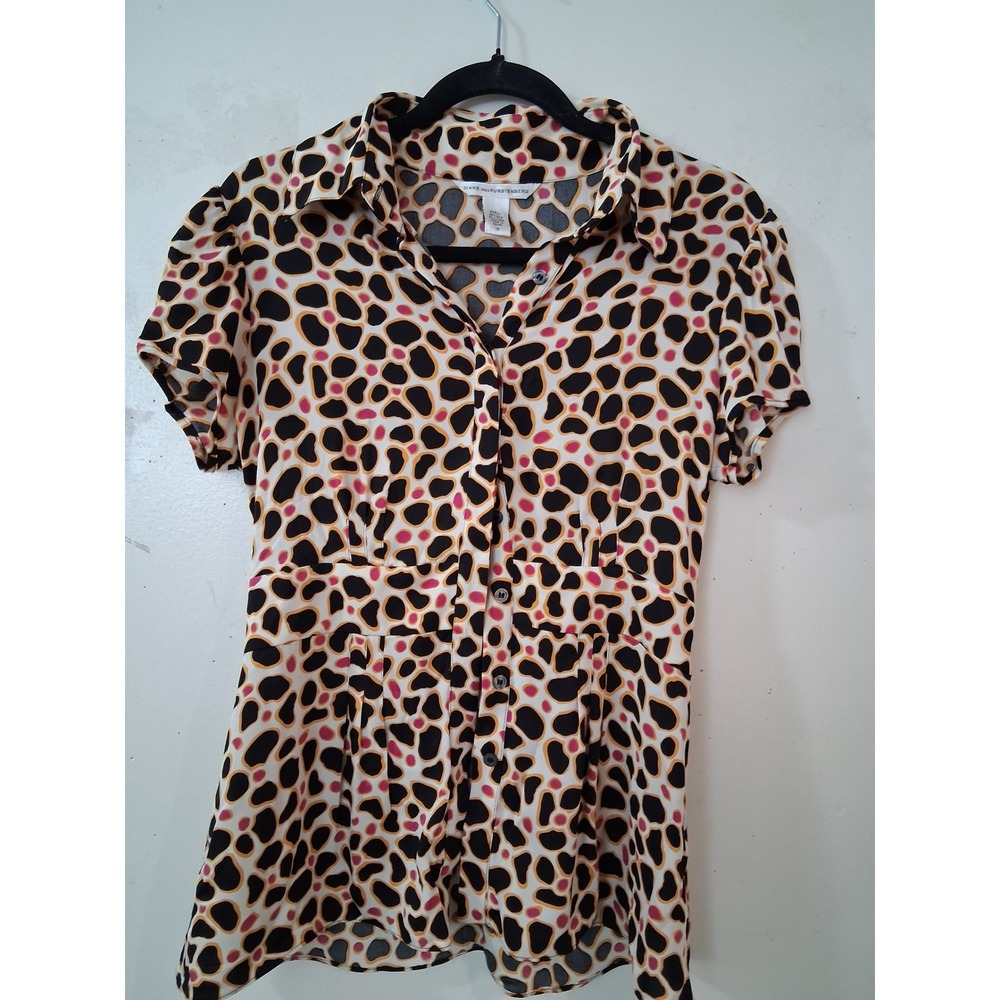 Diane von Furstenberg Courtney Silk Animal Print Peplum Blouse Black Yellow 10